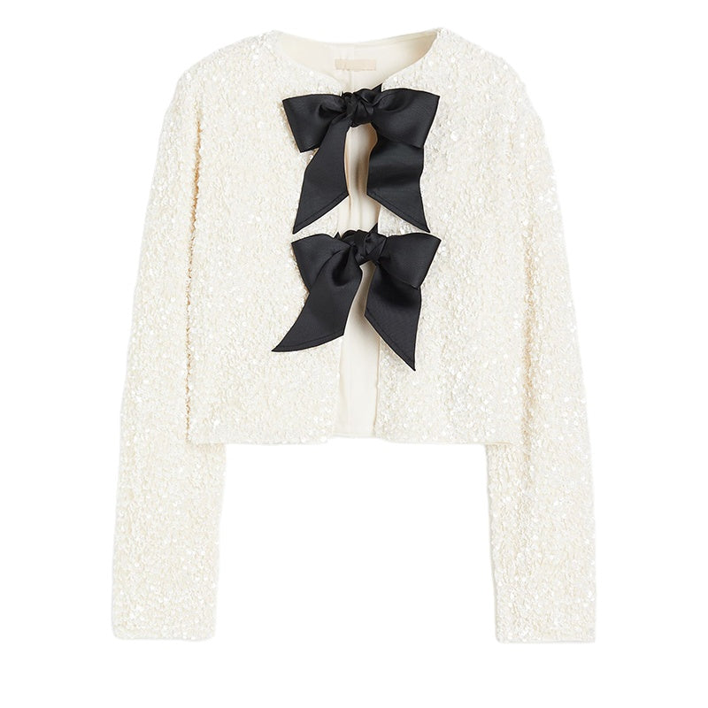 Jacket with Textured Sequins and Velvet Bow Details